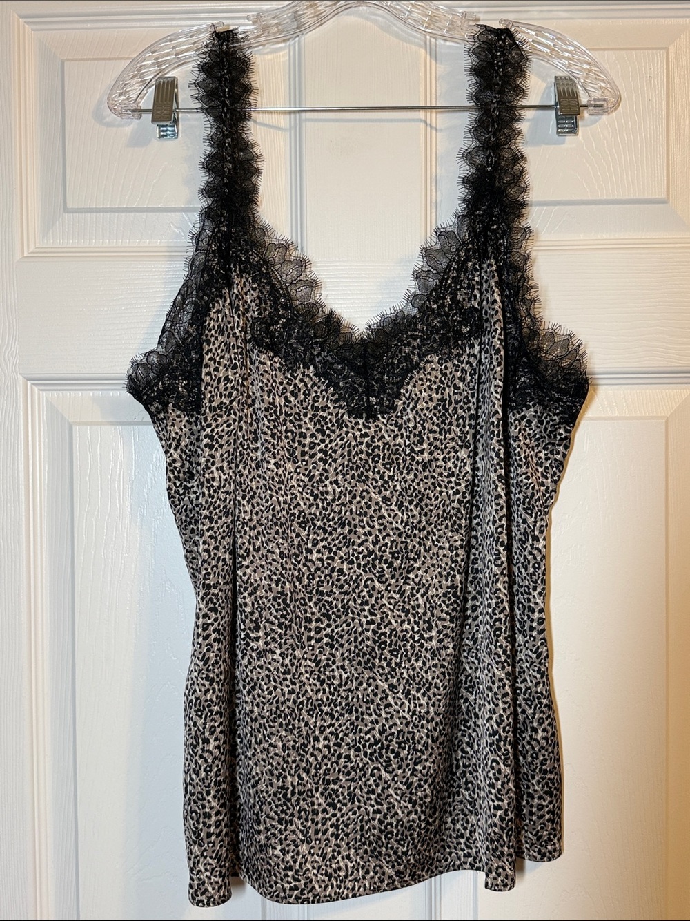 White House Black Market Black and Cream Leopard Lace-Trim Camisole